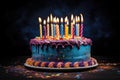 Birthday cake with burning candles on a dark background with colored confetti, A colorful birthday cake with lit candles, AI Royalty Free Stock Photo
