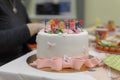 Birthday cake without burning candles on a plate on pink background