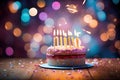 Birthday cake with burning candles on wooden table and bokeh background, Birthday cake with candles on bokeh background, close up Royalty Free Stock Photo