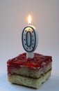 Birthday cake with burning zero shaped candle Royalty Free Stock Photo