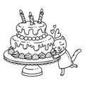 Birthday cake with candle and cute cat. Isolated objects on white background. Vector illustration. Coloring page. Royalty Free Stock Photo