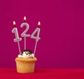 Birthday cake with candle number 124 - Rhodamine Red foamy background