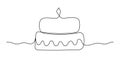 Birthday cake with candle in one line art. Symbol of celebration. Black Continuous editable stroke isolated on white background. Royalty Free Stock Photo