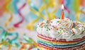 a birthday cake with a candle is shown behind white swirls