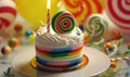 a birthday cake with a candle is shown behind white swirls