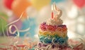 a birthday cake with a candle is shown behind white swirls