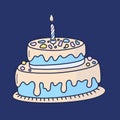 Birthday cake with candle. Symbol of celebration. Doodle cartoon Hand drawn vector illustration Royalty Free Stock Photo