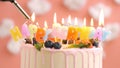 Birthday cake with candle title Happy Birthday on beautiful cake with berries and lighter with fire against background