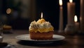 Birthday cake with candlelight burning bright, indulgence generated by AI