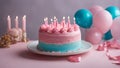birthday cake with candles A birthday cake with pink frosting and candles on a white plate. blue frosting and pink