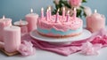 birthday cake with candles A birthday cake with pink frosting and candles on a white plate. blue and pink frosting