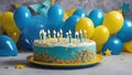 birthday cake with candles A birthday cake with white frosting and colorful stars on a blue plate.