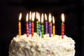 Birthday cake and candles on black background Royalty Free Stock Photo
