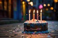 Birthday cake with candles and confetti on a wooden background, birthday cake with candle in street, outside party, AI Generated