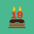 The birthday cake with candles in the form of number 19 icon. Birthday symbol. Flat