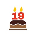 The birthday cake with candles in the form of number 19 icon. Birthday symbol. Flat