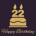 The birthday cake with candles in the form of number 22 icon. Birthday symbol. Gold sparkles and glitter