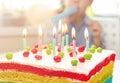 Birthday cake with candles. Happy birthday. Colored candles burn