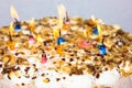 Birthday cake. candles hppy birthday bakery product Royalty Free Stock Photo