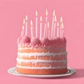 Birthday cake with candles on a pink background. 3d render Royalty Free Stock Photo