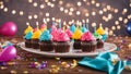 birthday cake with candles A realistic scene of colorful happy birthday cupcakes with candles Royalty Free Stock Photo