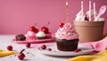 birthday cake with candles A realistic scene of a happy birthday cupcake with a celebration message on a white plate. Royalty Free Stock Photo