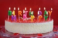 Birthday cake with candles on red party background Royalty Free Stock Photo