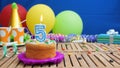 Birthday 5 cake with candles on rustic wooden table with background of colorful balloons, gifts, plastic cups and candies Royalty Free Stock Photo