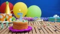 Birthday 7 cake with candles on rustic wooden table with background of colorful balloons, gifts, plastic cups and candies Royalty Free Stock Photo