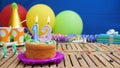 Birthday 13 cake with candles on rustic wooden table with background of colorful balloons, gifts, plastic cups and candies