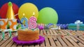 Birthday 36 cake with candles on rustic wooden table with background of colorful balloons, gifts, plastic cups and candies