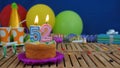 Birthday 52 cake with candles on rustic wooden table with background of colorful balloons, gifts, plastic cups and candies Royalty Free Stock Photo