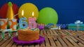 Birthday 65 cake with candles on rustic wooden table with background of colorful balloons, gifts, plastic cups and candies Royalty Free Stock Photo