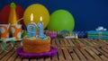 Birthday 91 cake with candles on rustic wooden table with background of colorful balloons, gifts, plastic cups and candies Royalty Free Stock Photo