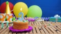 Birthday 3 cake with candles on rustic wooden table with background of colorful balloons, gifts, plastic cups and candies