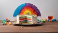 birthday cake with candles A scene of a colorful slice of birthday cake with rainbow candles on a white plate.