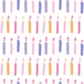 Birthday cake candles seamless pattern. Presents and gifts festive wrapping paper. Multicolor burning candles with stripes