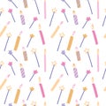 Birthday cake candles and sparklers hand drawn seamless pattern. Presents and gifts festive wrapping paper. Multicolor burning Royalty Free Stock Photo