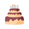 Birthday cake with candles. Sweet party dessert with chocolate cream, dripping glaze and sponge layers. Abstract festive