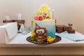 Birthday cake with cars illustration. Cartoon character cake for child party. Thematic event Royalty Free Stock Photo