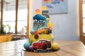 Birthday cake with cars illustration. Cartoon character cake for child party. Thematic event Royalty Free Stock Photo