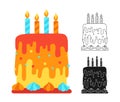 Birthday cake cartoon or stamp outline set delicious dessert party surprise holiday icon vector