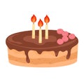 Birthday cake with chocolate icing and three lit candles. Cartoon cake with pink decorations. Celebration dessert vector Royalty Free Stock Photo