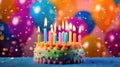 Birthday Cake On Colorful Balloon Background With Other Birthday Decoration. Focus is on cake