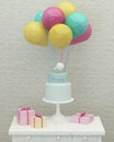 Birthday cake, colorful balloons and presents 3d