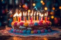 Birthday cake with colorful candles. AI generated