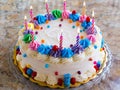 A birthday cake with colorful candles on top