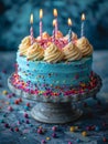 Birthday cake with colorful cream, sprinkles and burning candles. Royalty Free Stock Photo