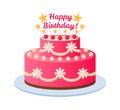 Birthday cake. Colorful pink celebration dessert with cream and happy birthday text, kids holiday party, invitation or