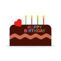 Birthday cake with cream flat icon isolated on white background. Happy Birthday. Glazed cake with candle and red heart Royalty Free Stock Photo